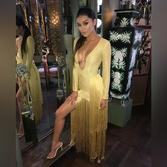 House of CB Gold Fringe Maxi Dress - Size Large - Picture 3 of 8